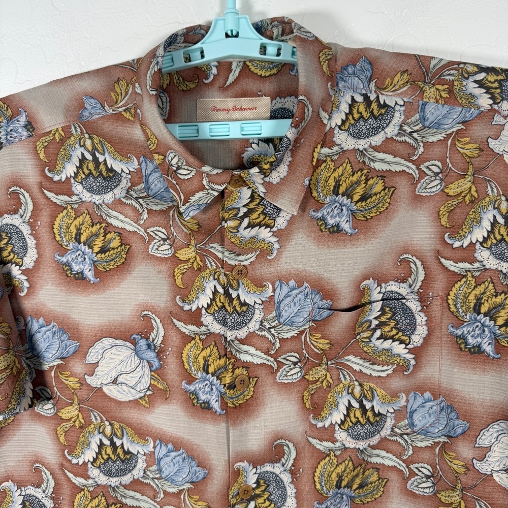 Tommy Bahama Shirt Mens XL Brown Hawaiian Camp Silk Floral Island Beach Casual‎